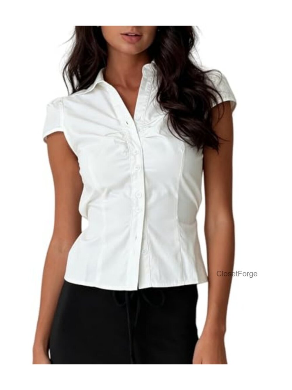 Women Short Sleeve Button Down Crop Top Fitted Blouse